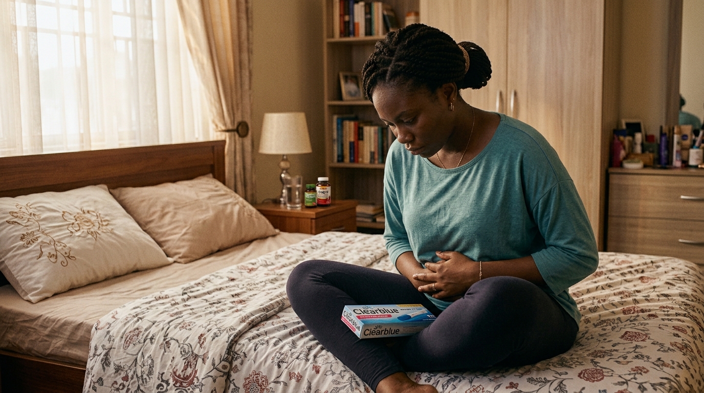 Nigerian woman sitting on bed looking at phone while her period arrives